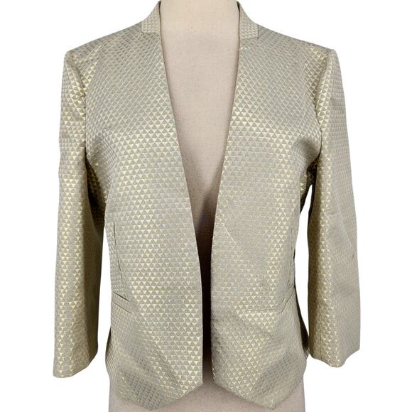 GANNI Metallic Brocade Blazer Gold Taupe Geometric Open Front Size Large - Picture 1 of 7